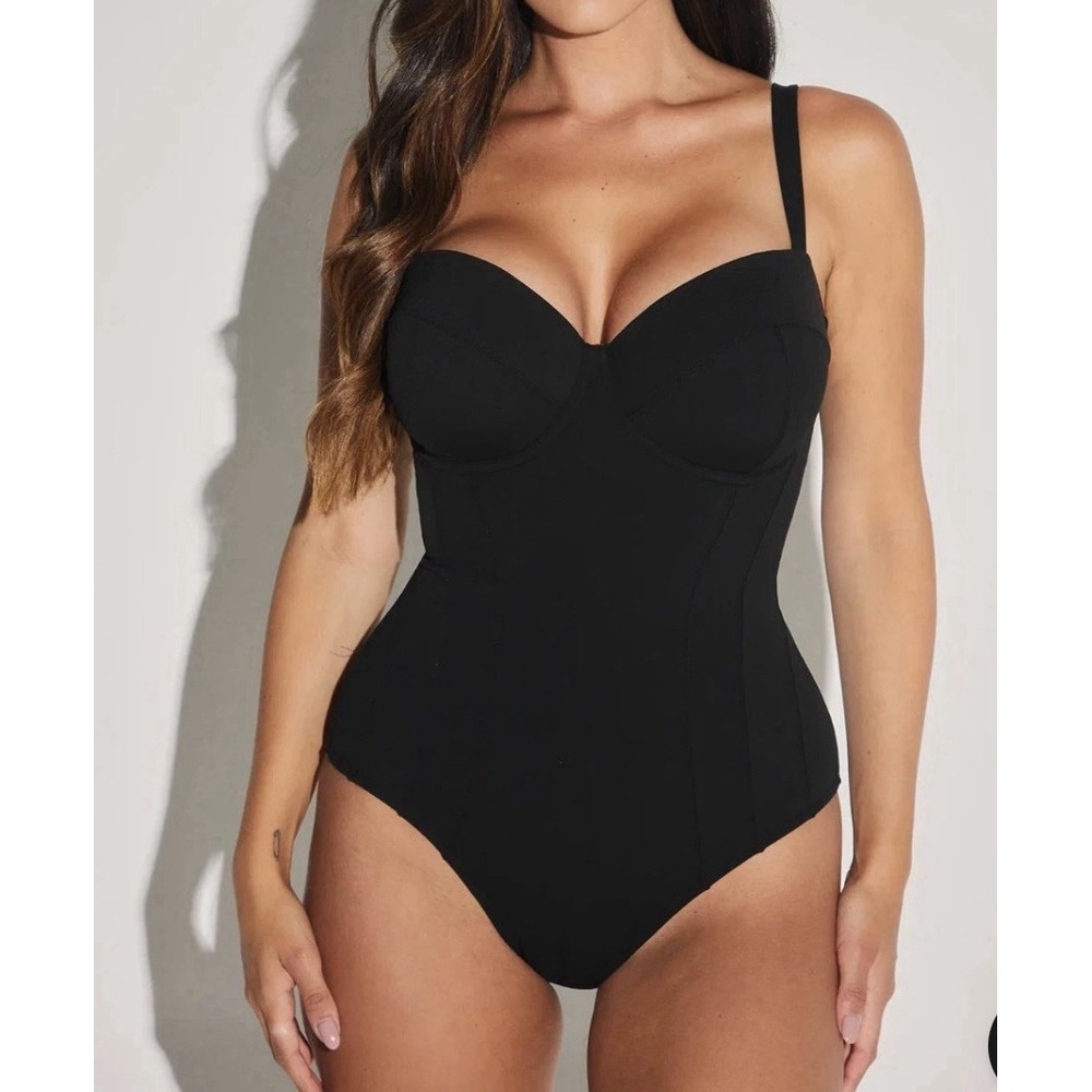TA3 Lushy One Piece Swimsuit Women 2XL R/L C Cup Black Sculpting Lace Up Corset